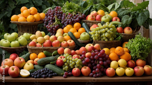 A vibrant selection of fresh fruits and vegetables arranged on a wooden surface with a natural background.