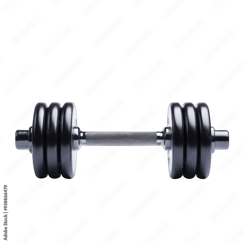 Naklejka premium Metal dumbbell with weight plates isolated on white background, perfect for fitness, exercise, and strength training images. transparent background