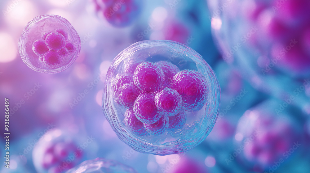 A close-up of cells dividing and growing under a microscope in a scientific setting.