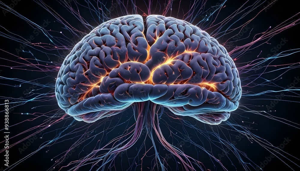 A image of a 3d rendered illustration of a electronic metal human brain with neon growing lightning A image of a 3d rendered illustration of a electronic metal human brain with neon growing lightning