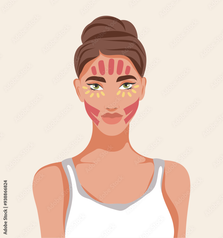 Face tapes, woman with face tapes, application taping scheme, kinesiology tape technique for face, face lift, wrinkles, vector template for advertising, website, banner, posters, cover Face tapes, woman with face tapes, application taping scheme, kinesiology tape technique for face, face lift, wrinkles, vector template for advertising, website, banner, posters, cover