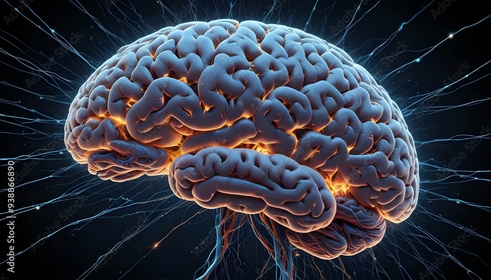 A image of a 3d rendered illustration of a electronic metal human brain with neon growing lightning A image of a 3d rendered illustration of a electronic metal human brain with neon growing lightning
