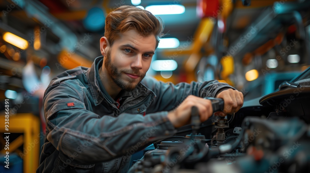 Skilled Mechanic in Gray Suit Working Confidently on Car in Auto Repair Shop Skilled Mechanic in Gray Suit Working Confidently on Car in Auto Repair Shop