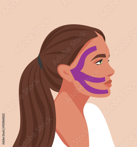 Facial tapes, face lift, remove wrinkles. Woman with face tapes, taping application scheme, Technique drawing kinesiology vector template for advertising, website, banner, posters, cover.