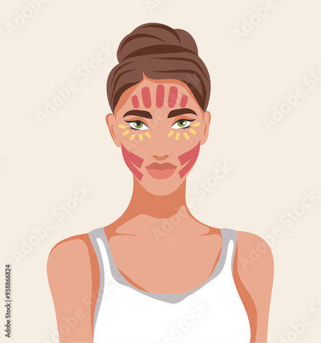 Face tapes, woman with face tapes, application taping scheme, kinesiology tape technique for face, face lift, wrinkles, vector template for advertising, website, banner, posters, cover