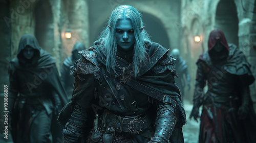 drow male warrior with long white hair leading a group through a dark stone corridor, clad in intricate armor with a fierce expression