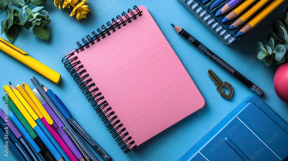 Flat lay of colorful school supplies and a keyboard on a white background for back to school. Flat lay of colorful school supplies and a keyboard on a white background for back to school.