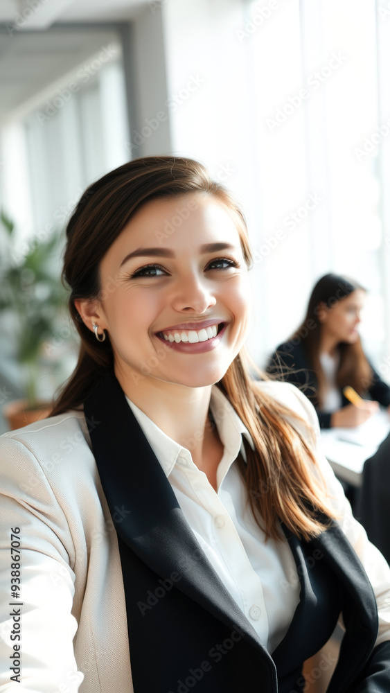 Portrait of a smiling businesswoman in a white blazer and black blouse Portrait of a smiling businesswoman in a white blazer and black blouse