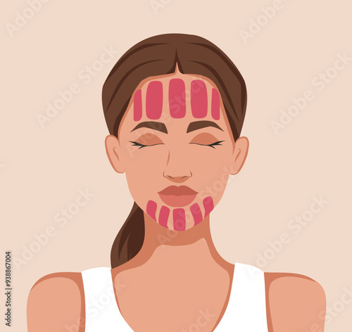 Kinesiology tape technique diagram for face, woman with face tapes, application taping diagram, face lift, wrinkles, vector template for advertising, website, banner, posters, cover