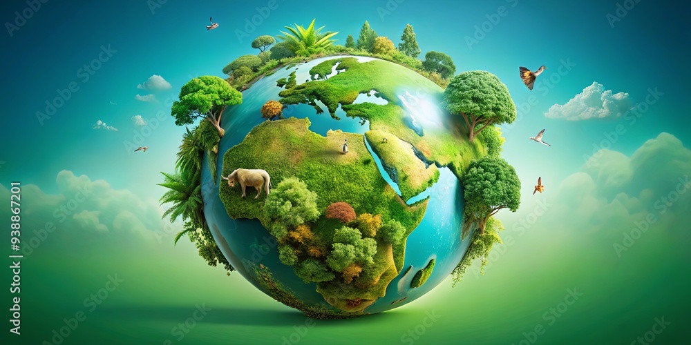 Naklejka premium A vibrant green earth globe enveloped in lush vegetation and wildlife