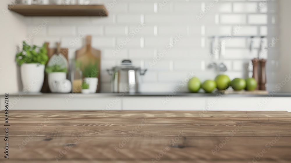 Empty Wooden Table in Modern Kitchen with Fresh Green Apples and Cutting Boards Empty Wooden Table in Modern Kitchen with Fresh Green Apples and Cutting Boards