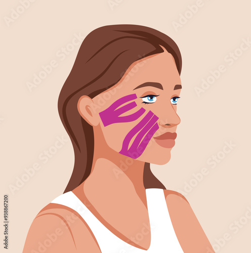 Woman with facial tapes, application taping scheme, Kinesiology tape technique for face, face lift, wrinkles, vector template for advertising, website, banner, posters, cover.