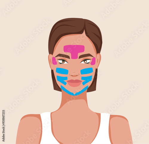 Woman with facial tapes, application taping scheme, Technique drawing of kinesiology tape for the face, face lift, wrinkles, vector template for advertising, website, banner, posters, cover.