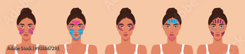Women with tapes on their faces. Different schemes for taping application using kinesiological techniques. Face tapes, face lift. Vector template for advertising, website, banner, posters, cover