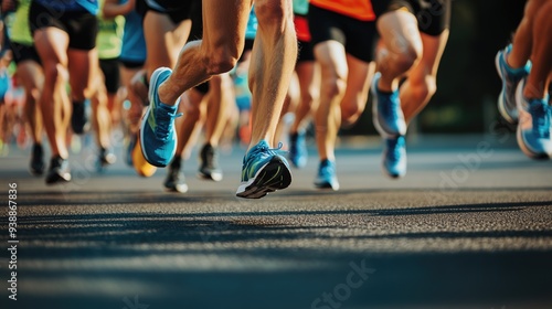 Runners at sunrise or sunset with rising or setting sun road race or marathon run contest