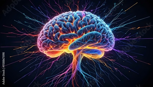 A image of a 3d rendered illustration of a electronic metal human brain with neon growing lightning