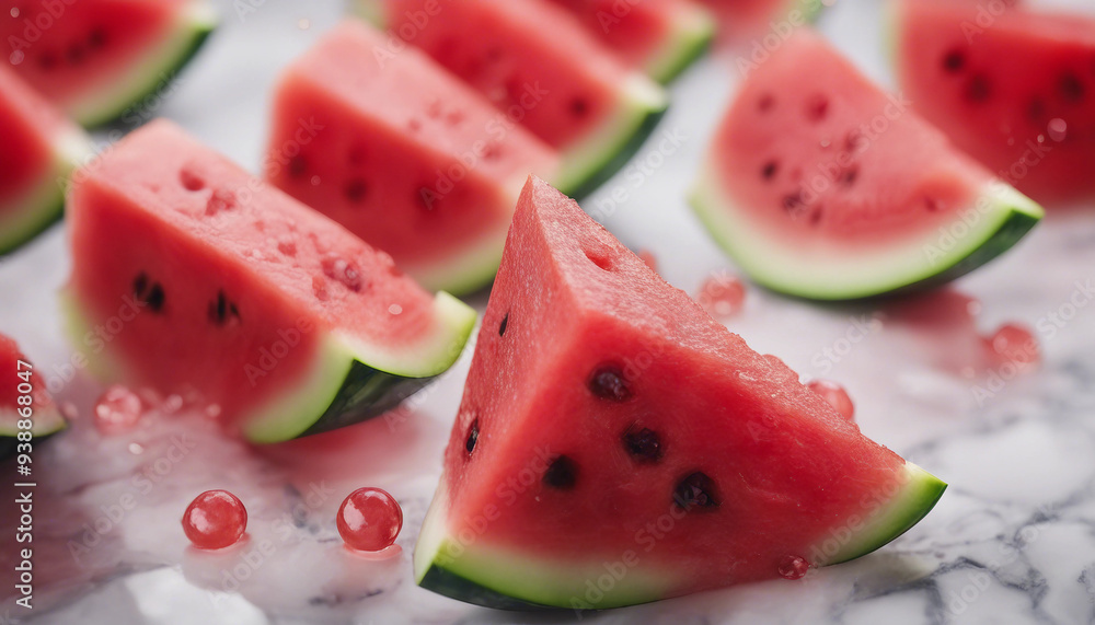 A close-up of freshly cut watermelon wedges arranged on a cool, marble surface A close-up of freshly cut watermelon wedges arranged on a cool, marble surface