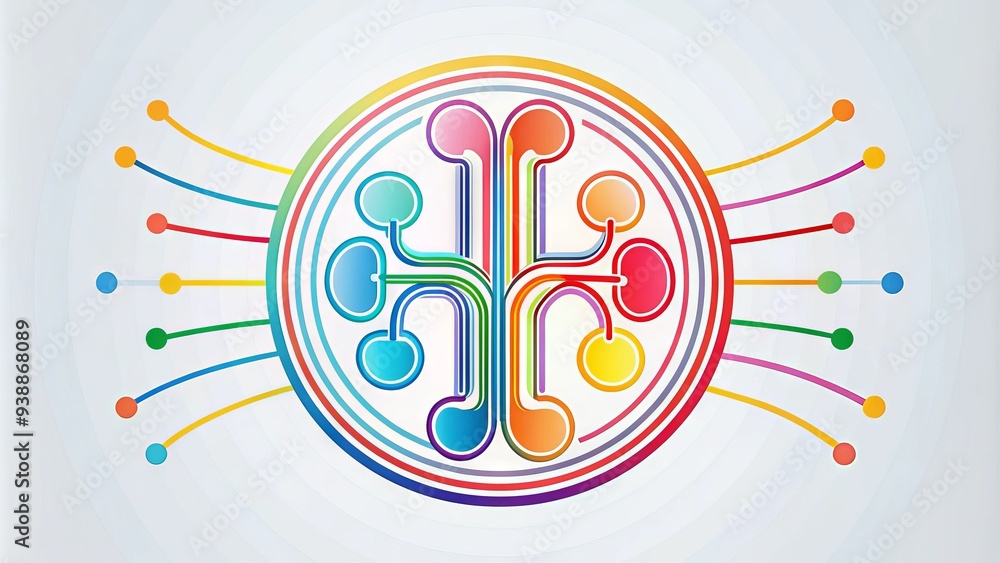 Obraz premium A stylized dialysis icon featuring a colorful, simplified illustration of a kidney surrounded by circular motion lines and connected tubes, symbolizing medical treatment.