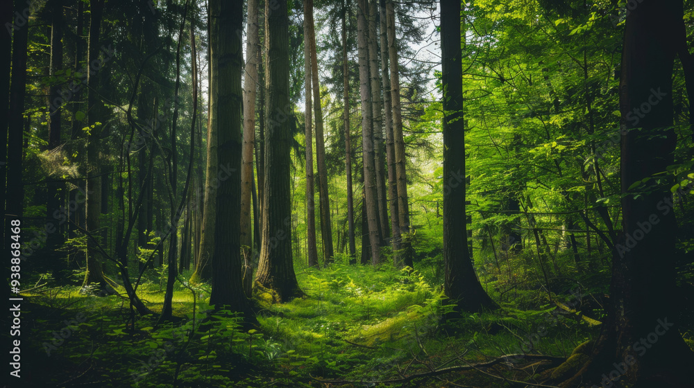 A forest with tall trees and a lush green undergrowth. The forest is a peaceful and serene place, with the sunlight filtering through the trees and creating a warm and inviting atmosphere A forest with tall trees and a lush green undergrowth. The forest is a peaceful and serene place, with the sunlight filtering through the trees and creating a warm and inviting atmosphere