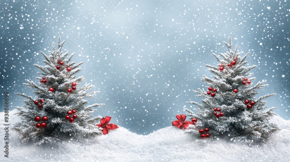 Obraz premium A snowy Christmas tree in a winter forest, illuminated by warm glowing lights, creating a magical holiday scene.