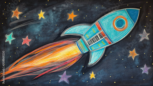 Fototapeta Naklejka Na Ścianę i Meble -  A colorful drawing of a rocket flying through a star-filled space.