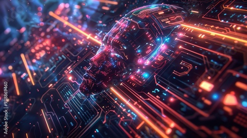 An artistic depiction of a human face intertwined with vibrant neon circuits, symbolizing technology and innovation.