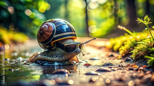 A tiny snail wearing a helmet and sunglasses speeds along a forest floor, leaving a trail of slime behind, in a humorous and whimsical scene. photo