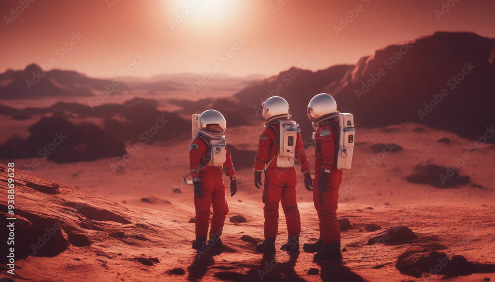 A dramatic scene of astronauts exploring the surface of a red planet, with their suits illuminated A dramatic scene of astronauts exploring the surface of a red planet, with their suits illuminated