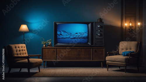 Wallpaper Mural Retro living room with a vintage TV, blue couch, and warm lighting creating a nostalgic ambiance at night. Torontodigital.ca