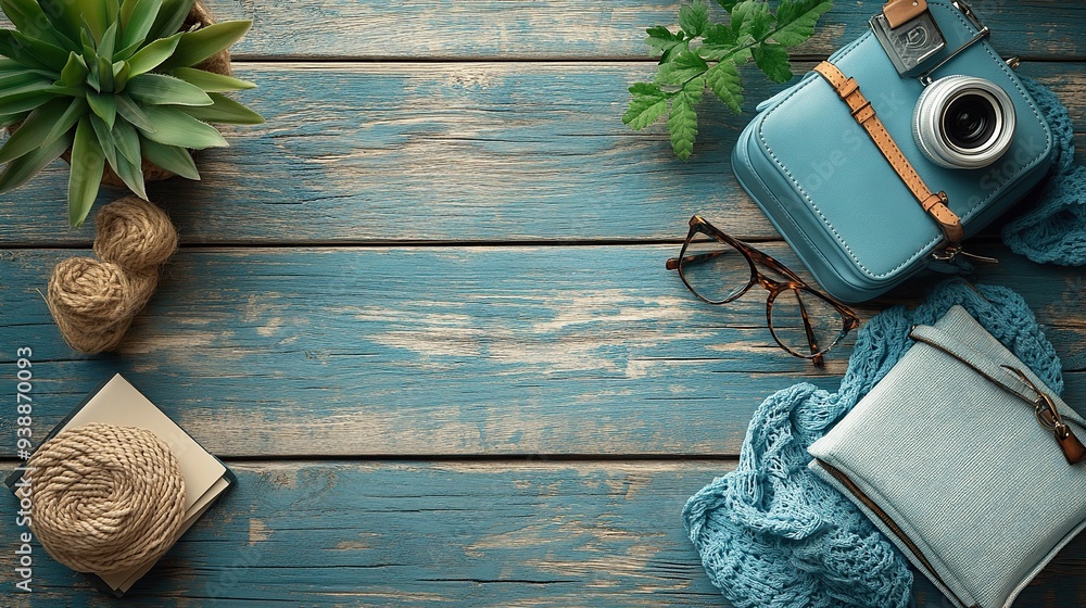 Flat lay of a woman's handbag with elegant accessories on a wooden desk. Instant camera, glasses, gift box, and blue cloth showcase beauty blogger essentials. Flat lay of a woman's handbag with elegant accessories on a wooden desk. Instant camera, glasses, gift box, and blue cloth showcase beauty blogger essentials.