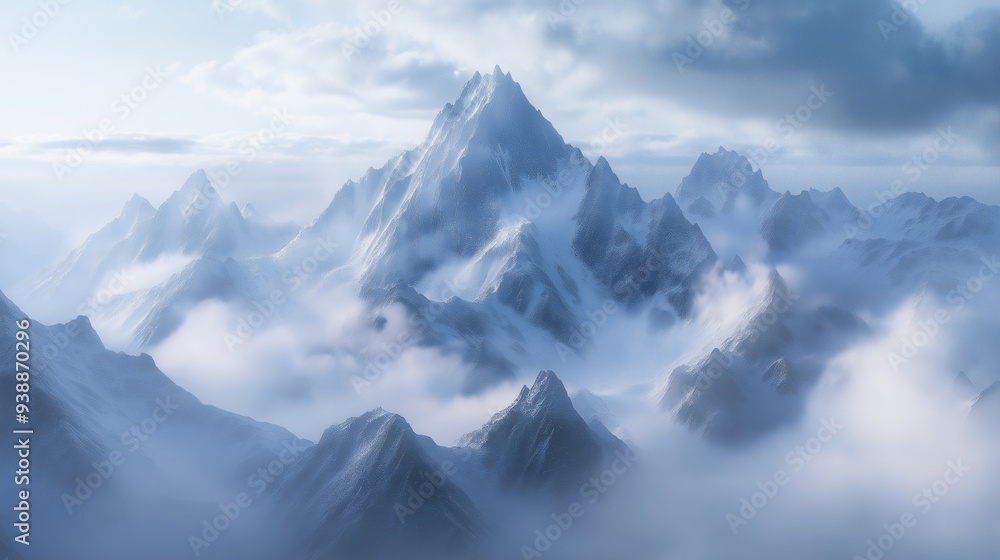 A breathtaking view of snow-covered mountain peaks emerging through clouds. A breathtaking view of snow-covered mountain peaks emerging through clouds.