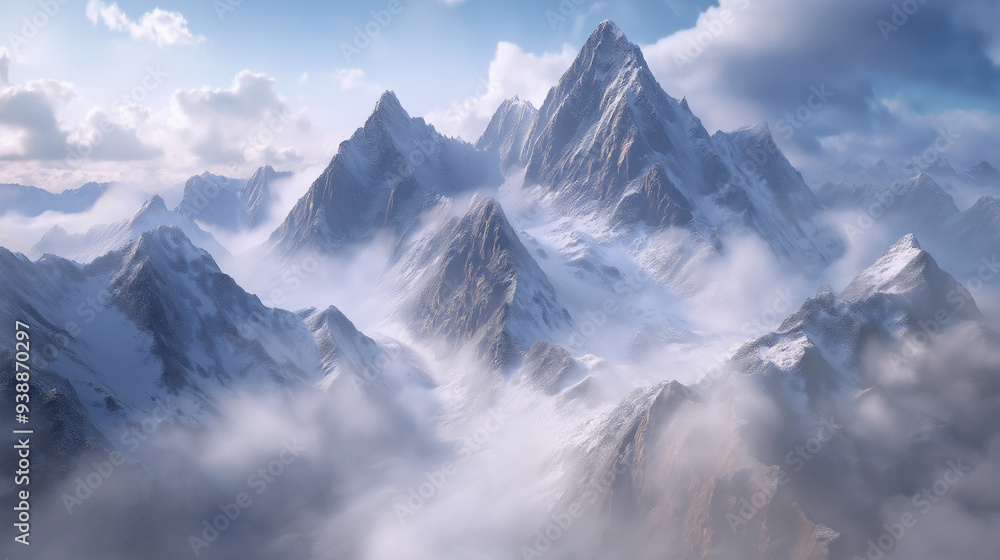 A breathtaking view of snow-covered mountain peaks emerging through clouds. A breathtaking view of snow-covered mountain peaks emerging through clouds.