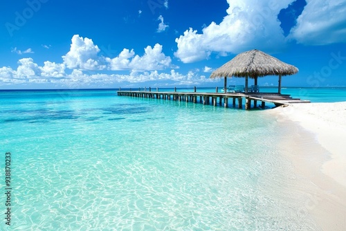 A beautiful beach with a pier, crystal clear water, blue sky  photo