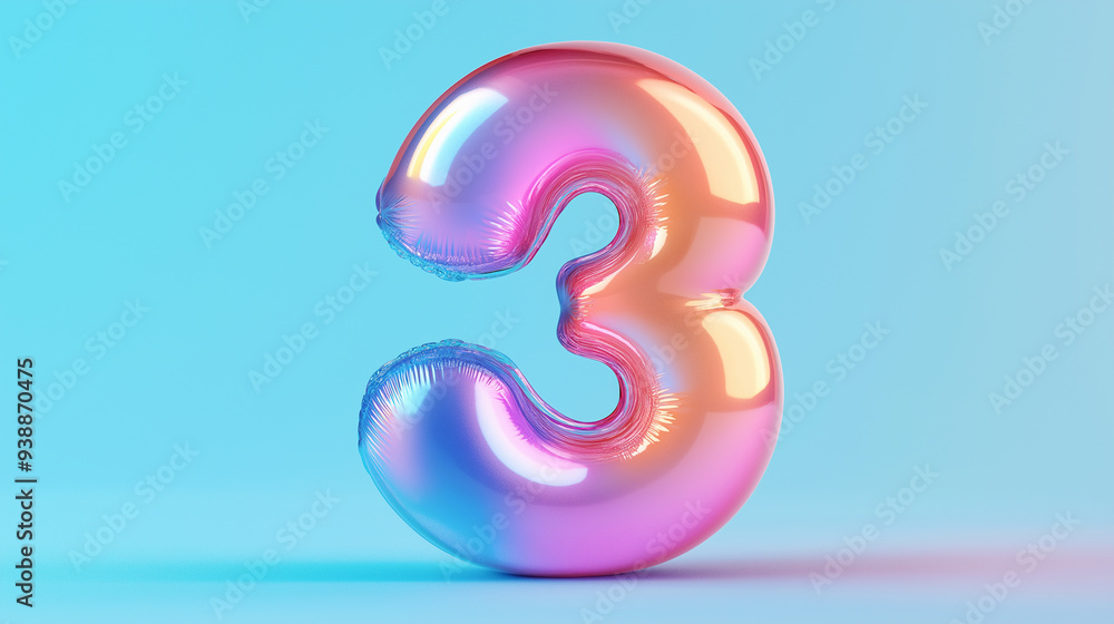 A shiny pink and blue number three balloon on a pastel background. A shiny pink and blue number three balloon on a pastel background.
