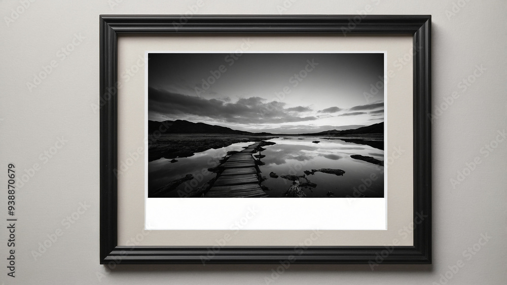 Fototapeta premium Framed black and white photo of landscape arranged against a wooden surface with gray wall.