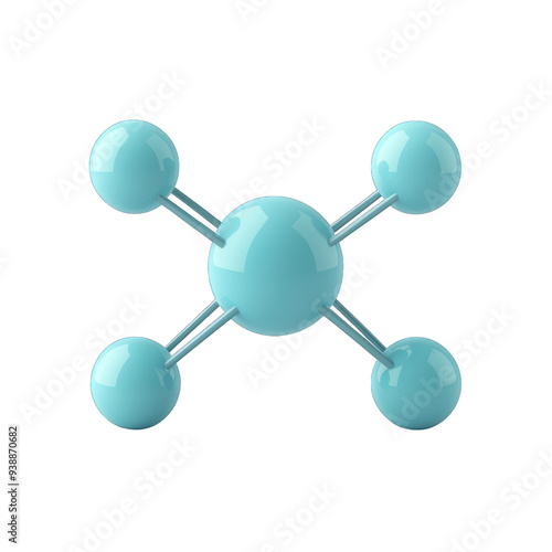 3D rendering of a blue molecular structure model with five spheres connected, representing a chemical compound or scientific concept. transparent background