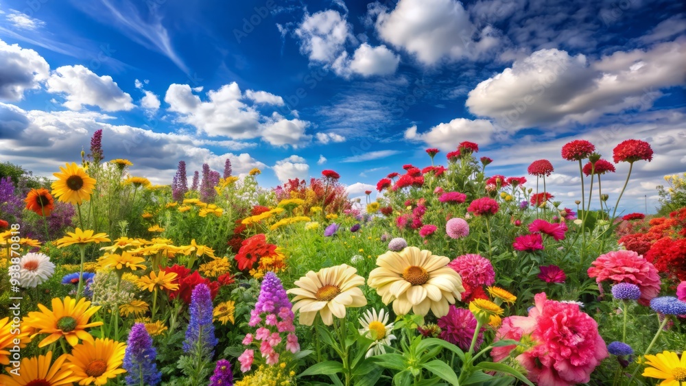 Obraz premium A Vibrant Array Of Colorful Flowers Forms A Lively Border Against A Soft Summer Sky, Creating A Charming And Idyllic Scene.