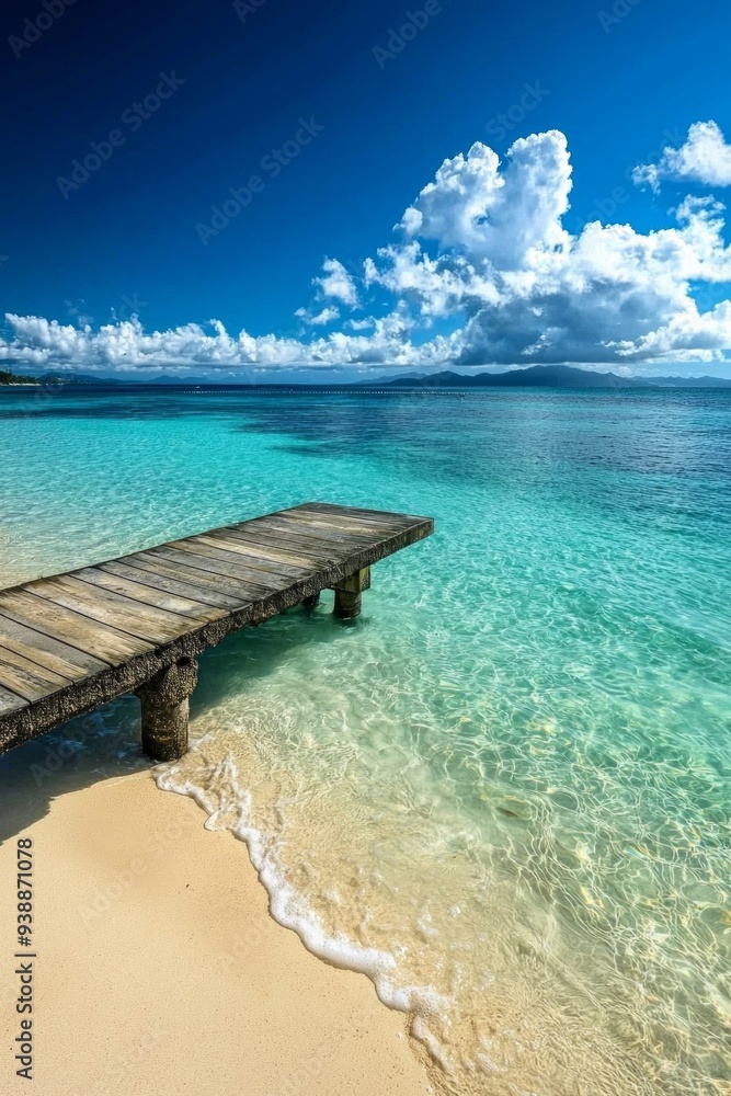 Naklejka premium A beautiful beach with a pier, crystal clear water, blue sky 
