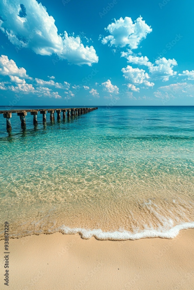 A beautiful beach with a pier, crystal clear water, blue sky A beautiful beach with a pier, crystal clear water, blue sky
