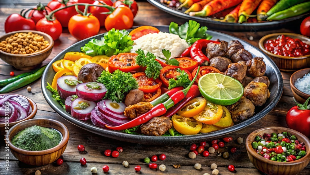 A vibrant, overflowing plate of mouthwatering food, featuring a variety of colorful ingredients, including fresh vegetables, savory meats, and steaming hot sides. A vibrant, overflowing plate of mouthwatering food, featuring a variety of colorful ingredients, including fresh vegetables, savory meats, and steaming hot sides.