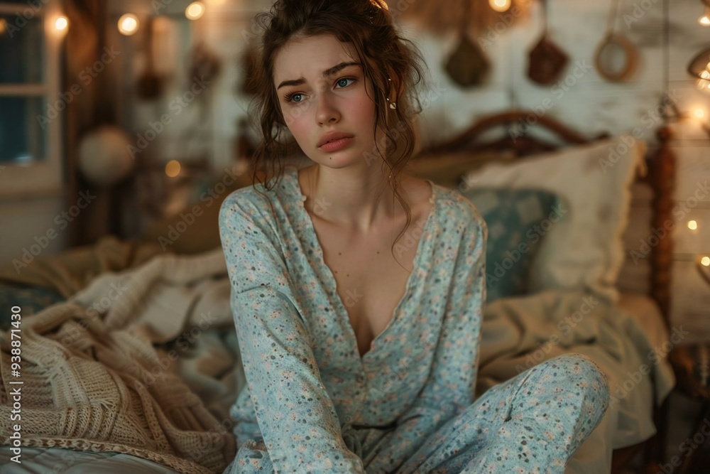 Overwhelmed: Woman Seated on Bed in Pajamas Overwhelmed: Woman Seated on Bed in Pajamas