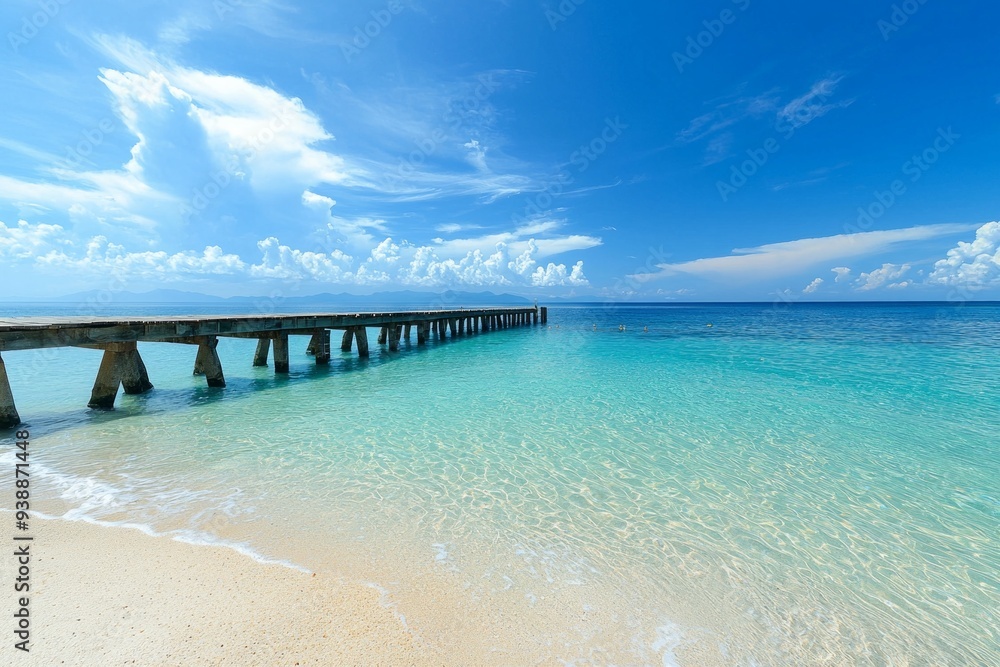 A beautiful beach with a pier, crystal clear water, blue sky A beautiful beach with a pier, crystal clear water, blue sky