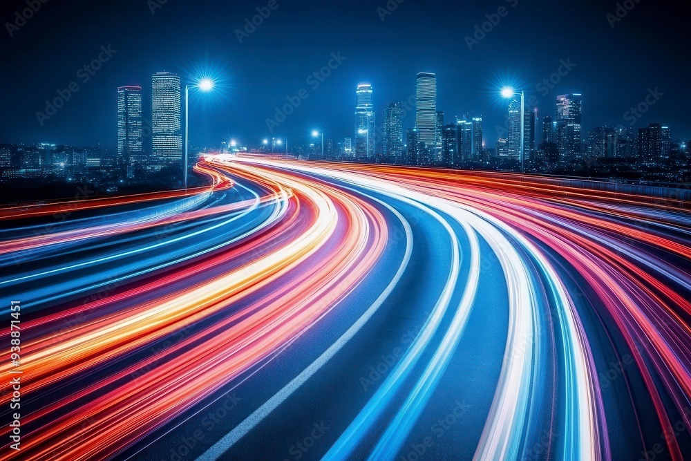 Night cityscape with vibrant light trails speeding through a street between tall skyscrapers. Night cityscape with vibrant light trails speeding through a street between tall skyscrapers.