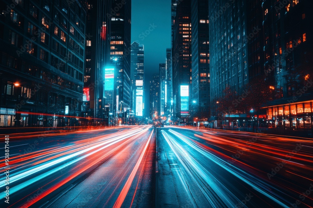 Naklejka premium Night cityscape with vibrant light trails speeding through a street between tall skyscrapers.