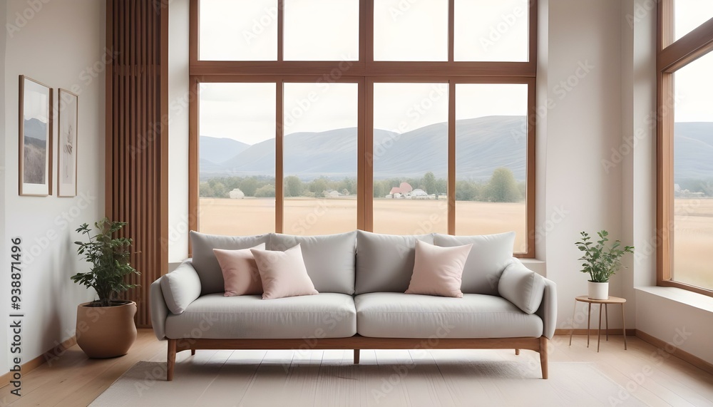Interior mockup In a white room a blue sofa is placed next to a photo frame on the wall Interior mockup In a white room a blue sofa is placed next to a photo frame on the wall