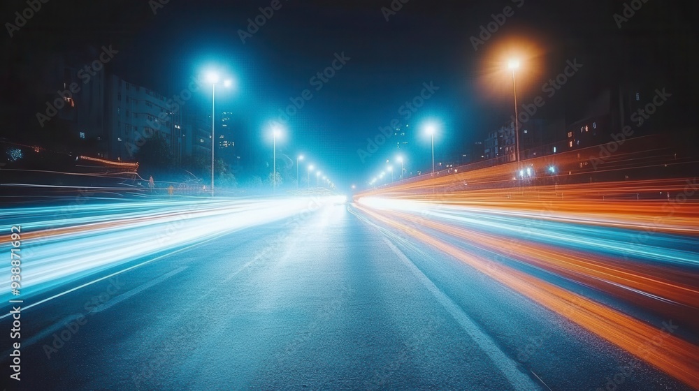 Night cityscape with vibrant light trails speeding through a street between tall skyscrapers. Night cityscape with vibrant light trails speeding through a street between tall skyscrapers.