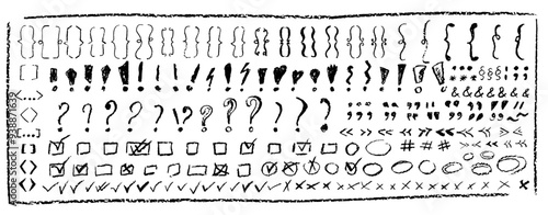 Set of children hand drawn crayon text symbols. Collection of black color pastel symbol brackets, question, circles, exclamation etc. Vector charcoal doodle shapes and squiggles in childish style