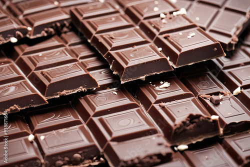 Close up of stacked milk chocolate bars with pieces of white chocolate.