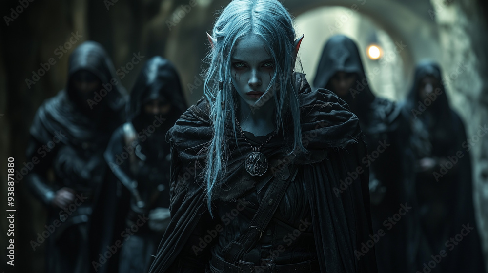 elf female warrior with long white hair and intense expression leading a group through ancient stone ruins, radiating determination and resolve elf female warrior with long white hair and intense expression leading a group through ancient stone ruins, radiating determination and resolve
