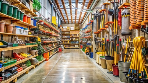 A well-organized aisle in a large hardware store displays a variety of gardening tools, equipment, and supplies for DIY home improvement projects.